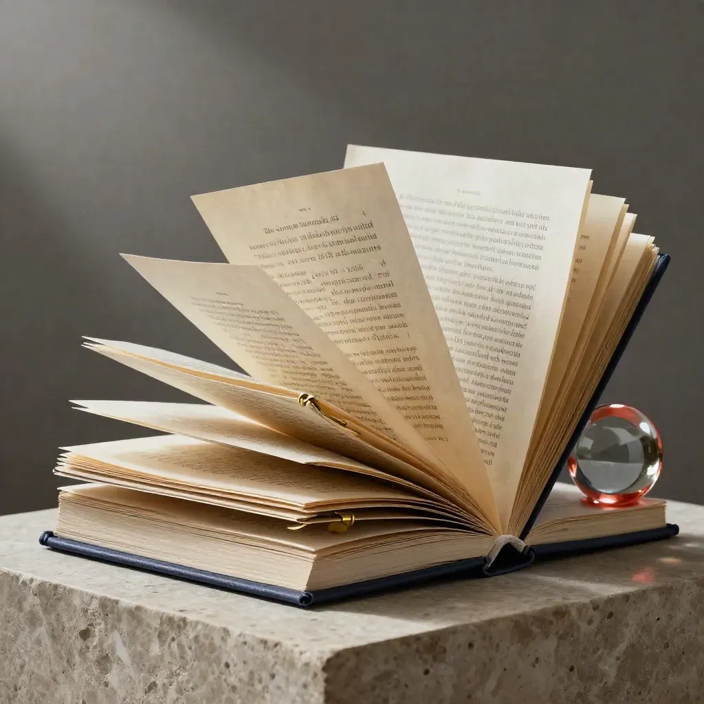 Copywriting still life on stone: papers, navy notebooks, brass clips, coral glass weight.
