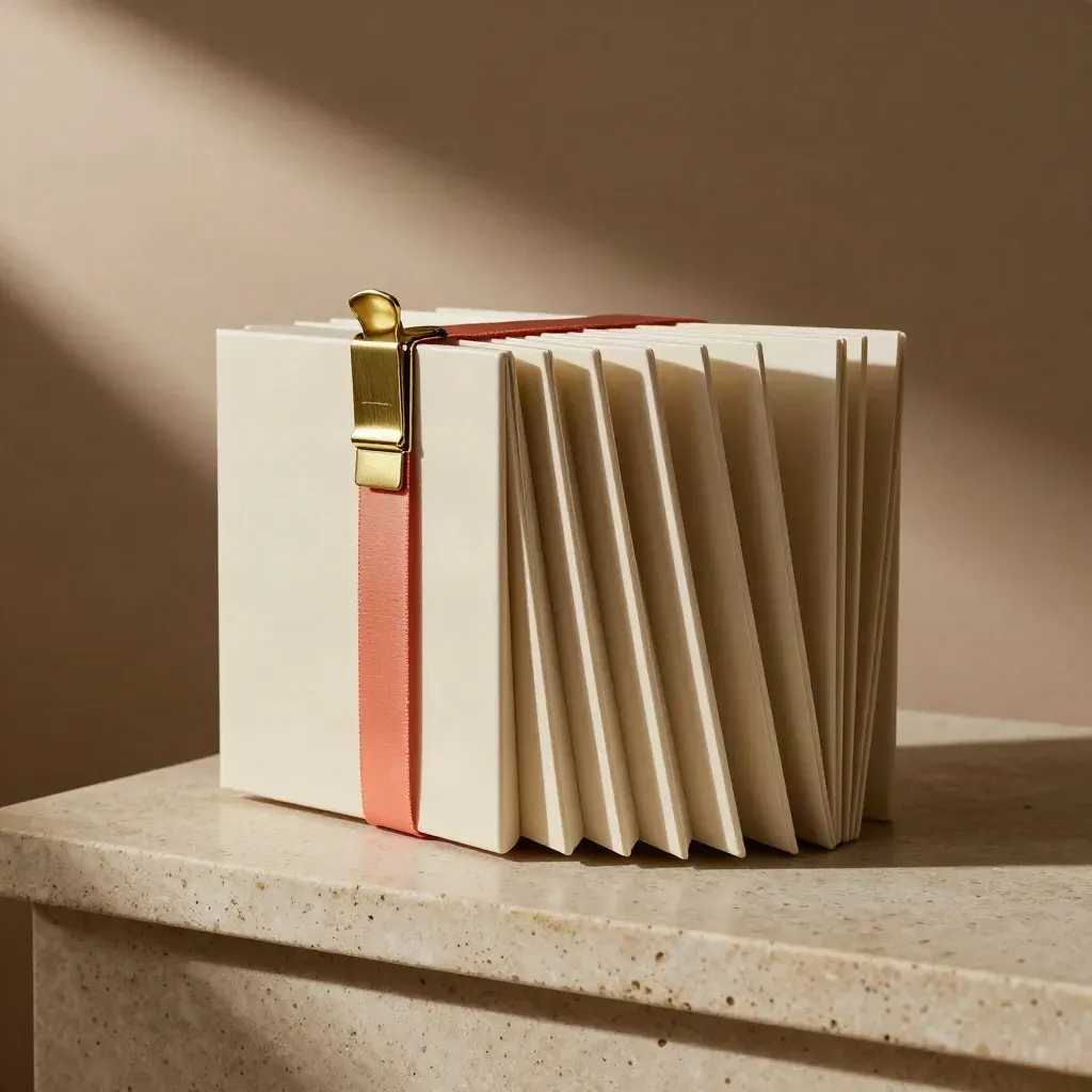 Accordion of cream panels with coral ribbon and brass clip on pale stone