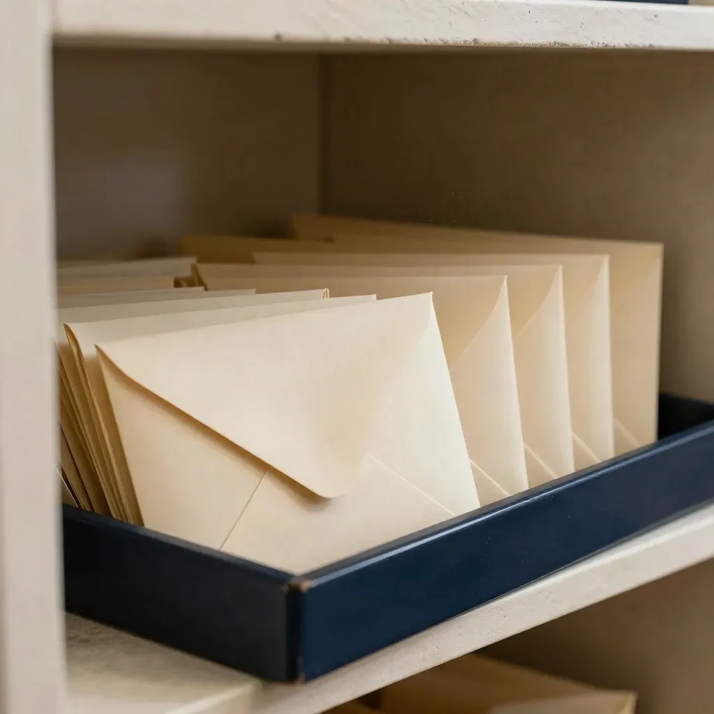 Cream envelopes in a navy tray under dramatic light, like a sequence of messages made tangible.