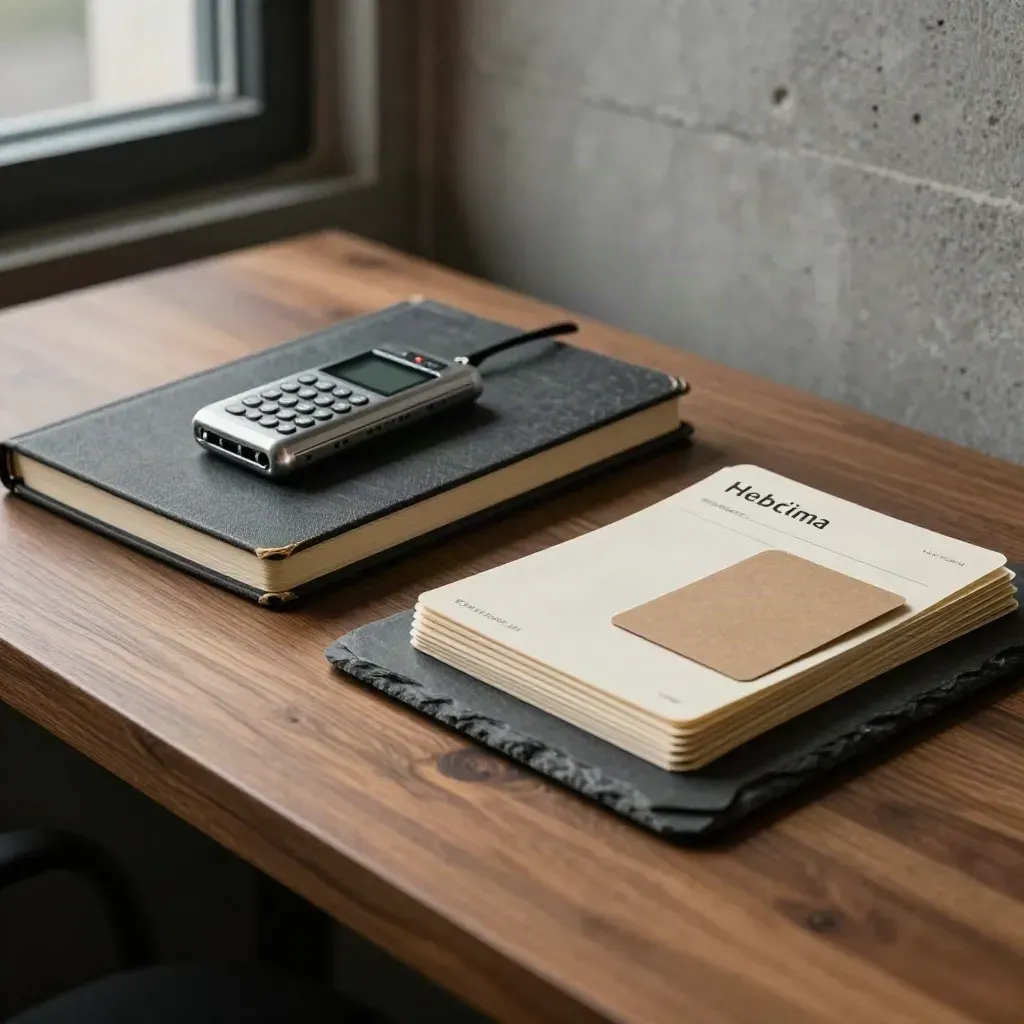 Founder’s desk with voice recorder and stacked call cards on walnut