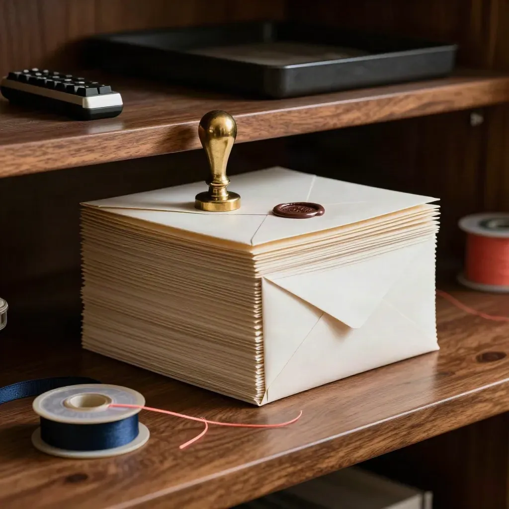 Low-angle macro of envelopes, embosser, timer and ribbon on a walnut shelf.