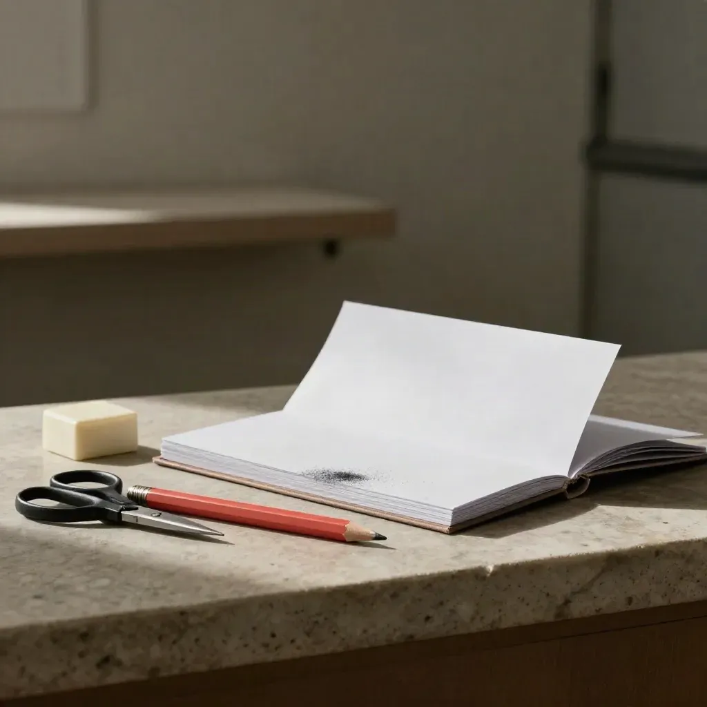 Red editing pencil, correction block, scissors and draft booklet on a limestone ledge.